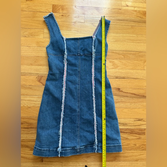 Urban Outfitters Medium Wash Denim Mini Dress with Pink and White Frayed Detail - Picture 7 of 9